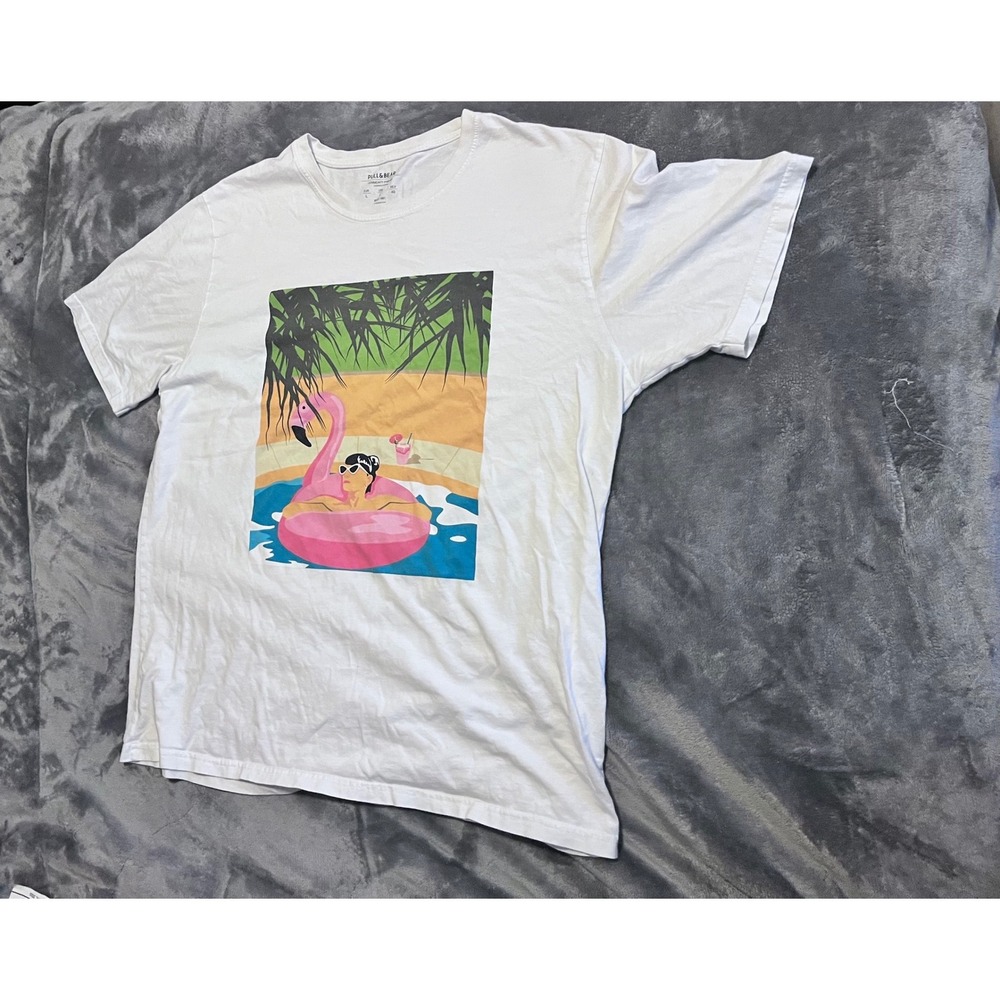 Pull&Bear Mens White Flamingo Pool Graphic Tee Shirt Large 2 small stains